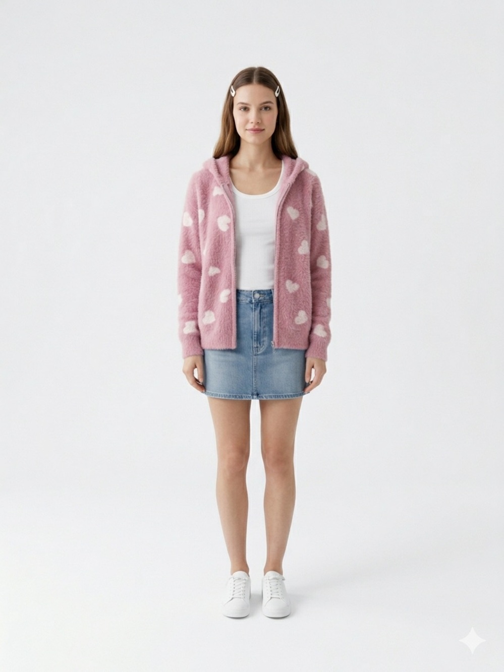 Plush Pink Heart Zip Hoodie Jacket